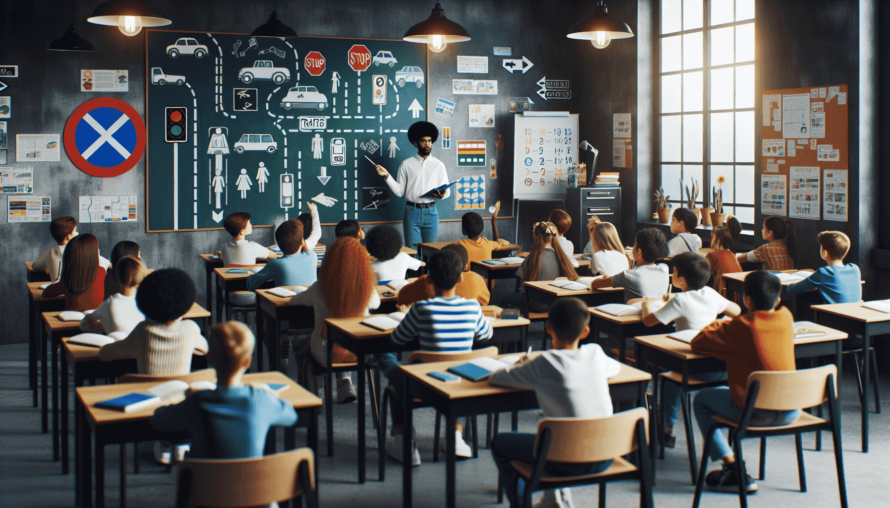 Aula moderna con estudiantes aprendiendo sobre seguridad vial