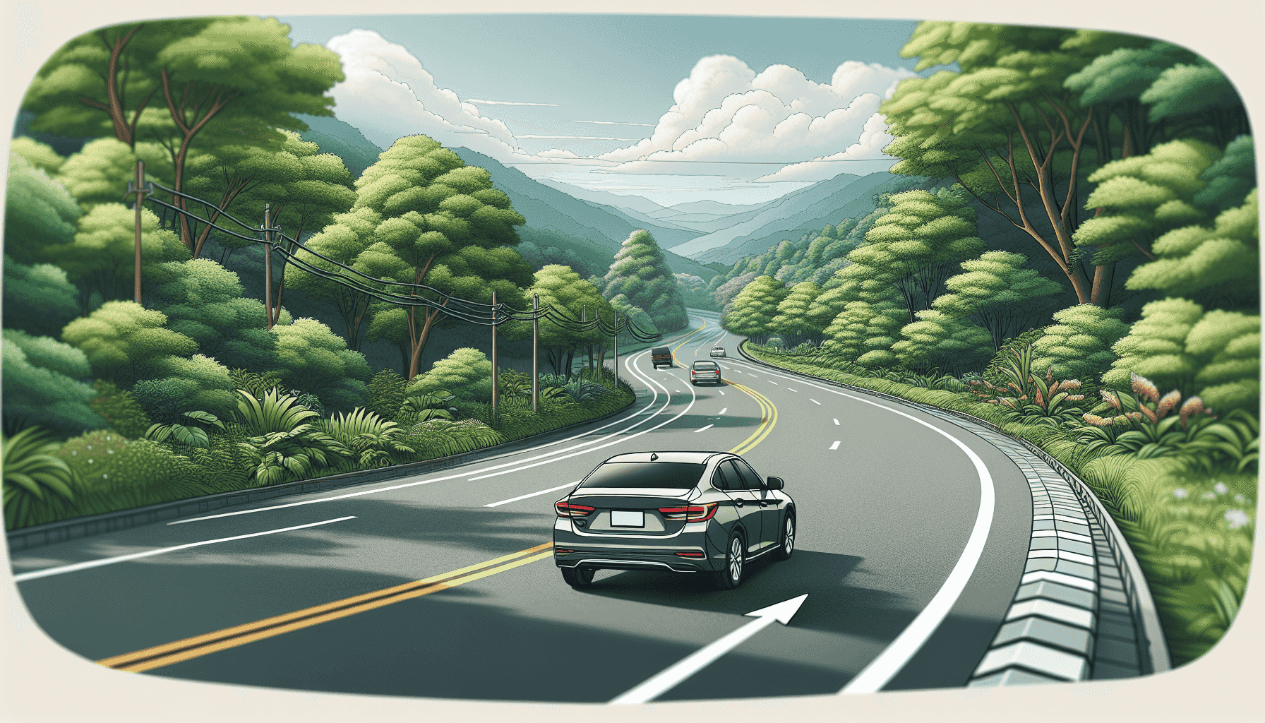 Carretera escénica con un coche practicando técnicas de conducción segura